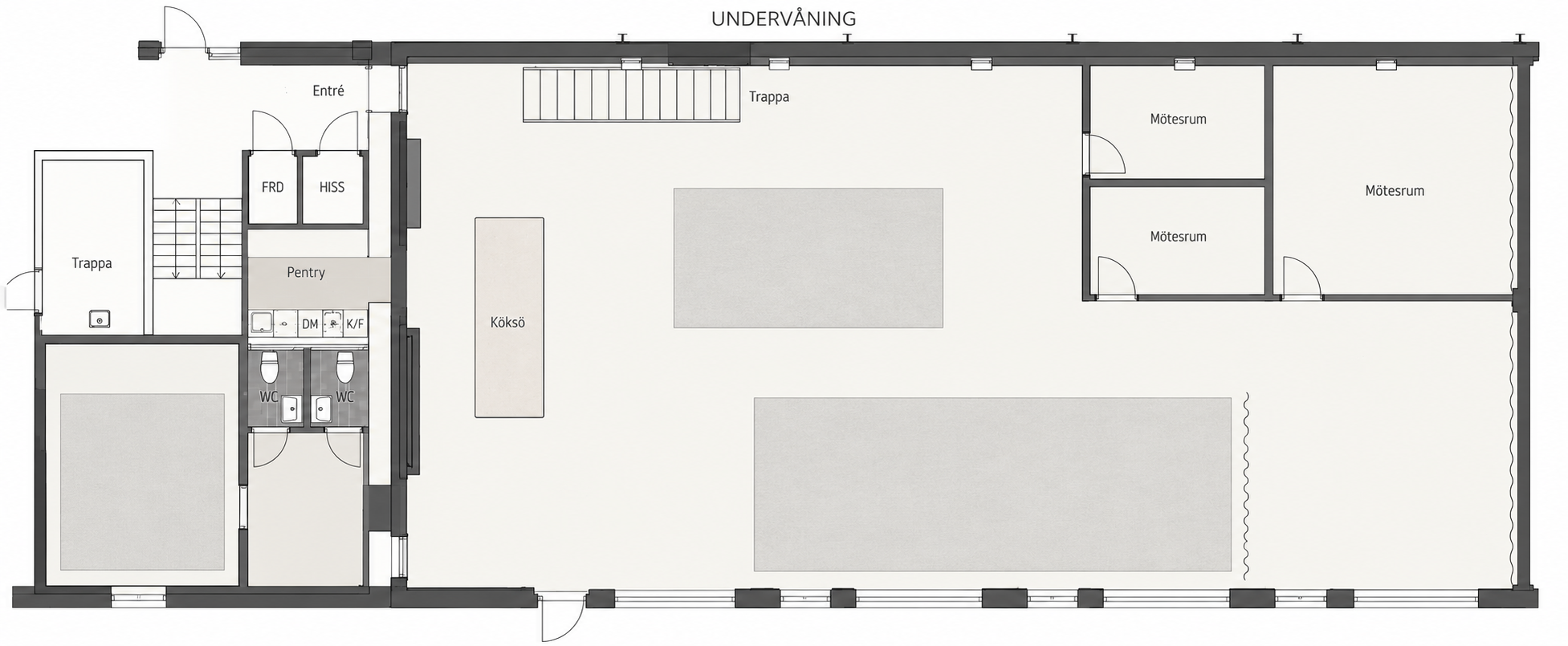 Planritning för nedervåningen med lounge, tre mötesrum, pentry, köksö, WC, hiss och trappor